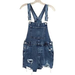 Refuge Women's Medium Stone Wash Distressed Raw Hem Denim Shortalls